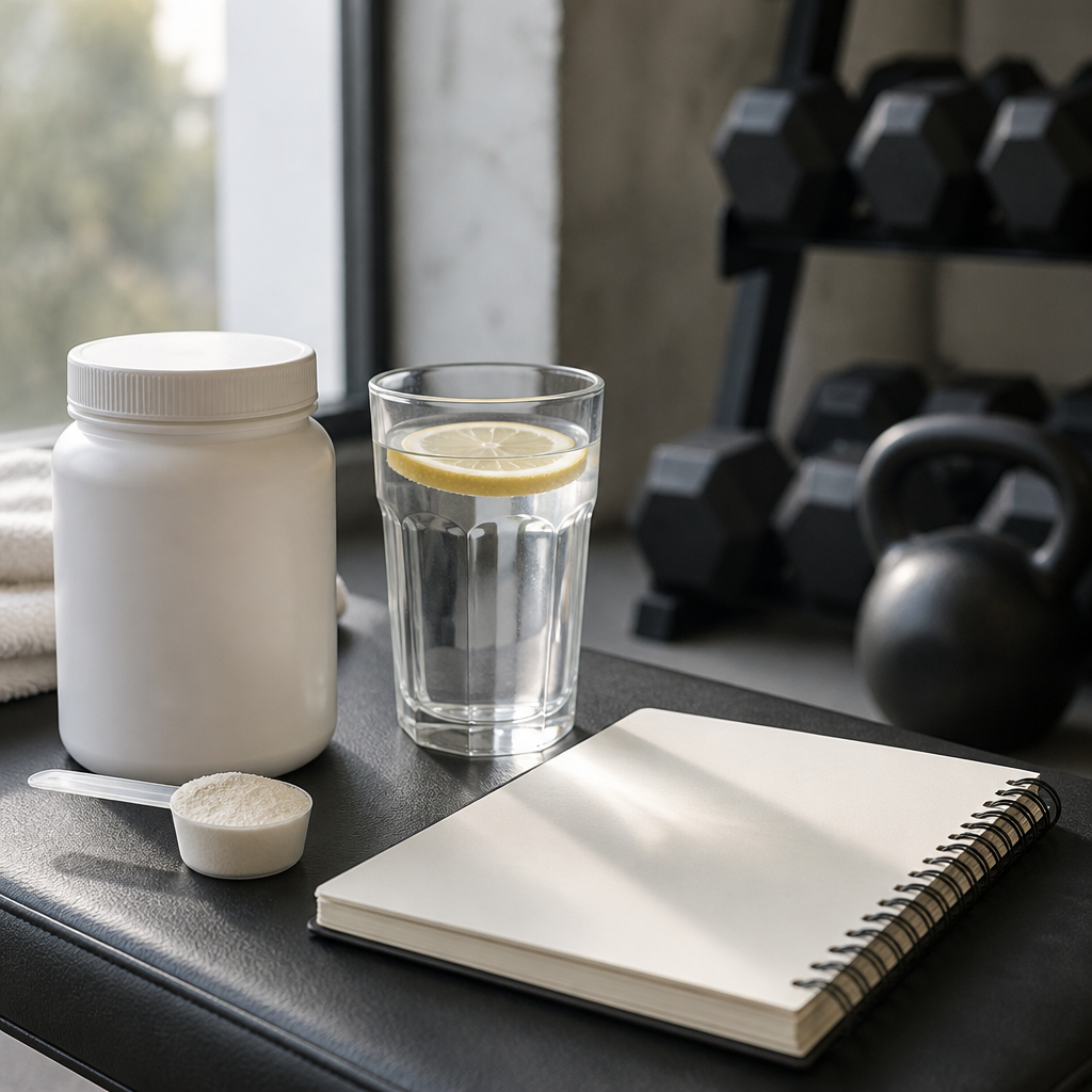 Electrolyte powder, water and training notebook on a gym bench for supplement recovery routines