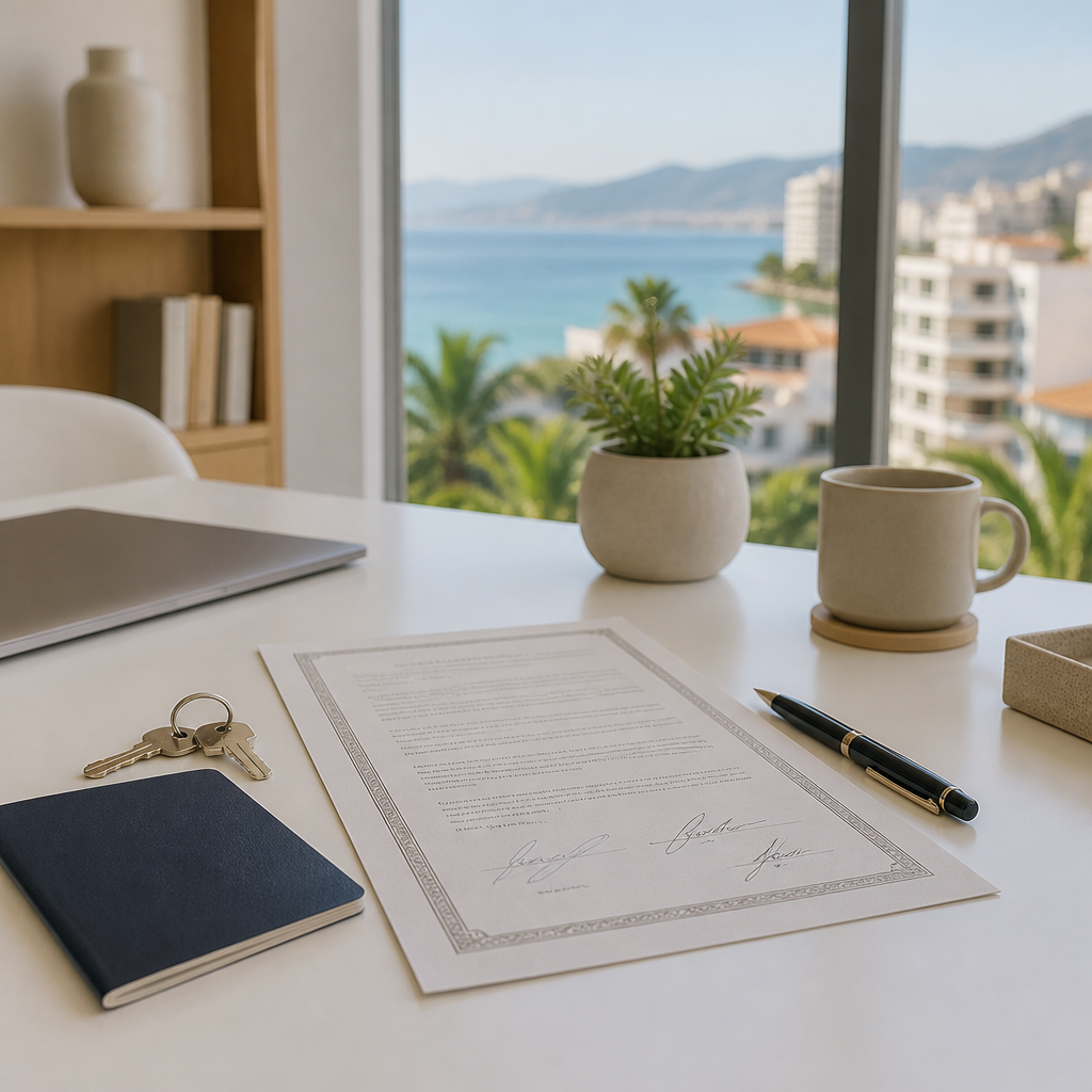 Notarized power of attorney document for a Mexico real estate purchase on a desk beside keys and a pen.