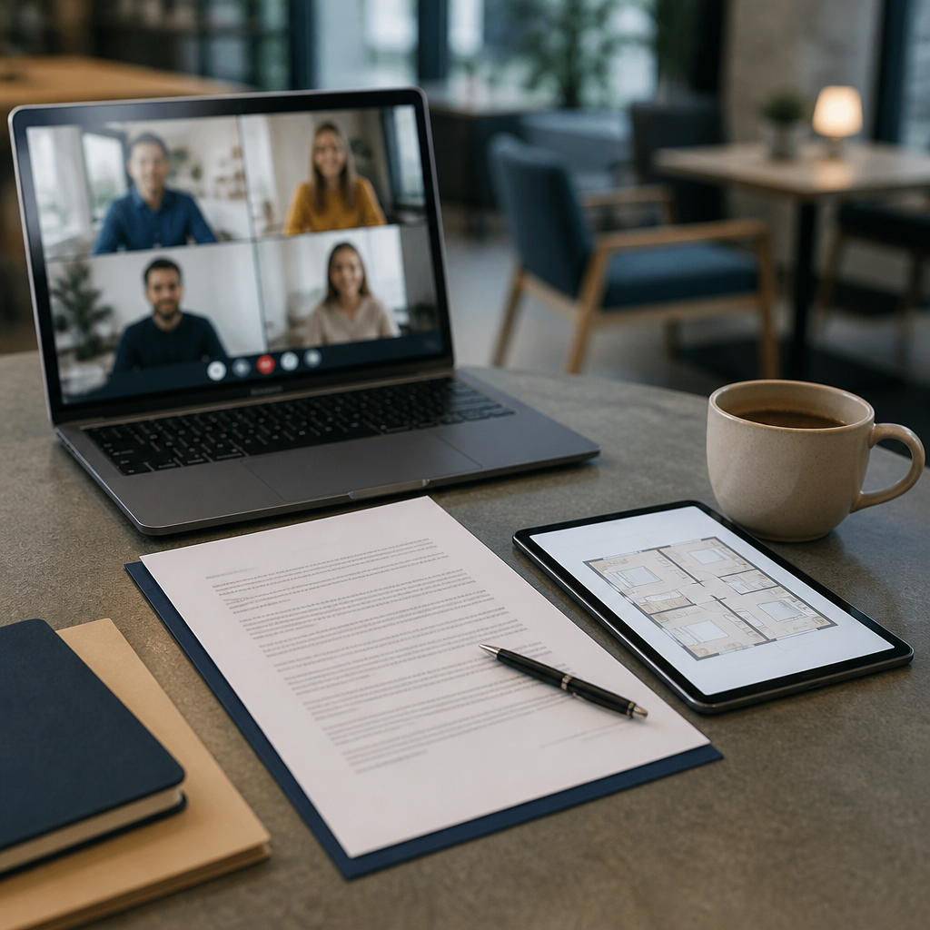 Laptop, contract pages and a floor plan arranged for a remote property closing with a Mexican attorney.