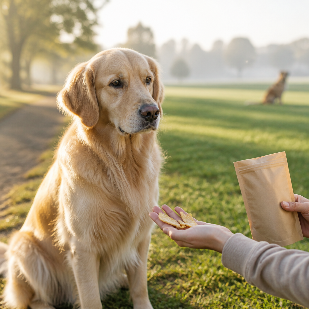 Calm dog sitting on a park path as its owner offers small air-dried dog socialisation treats