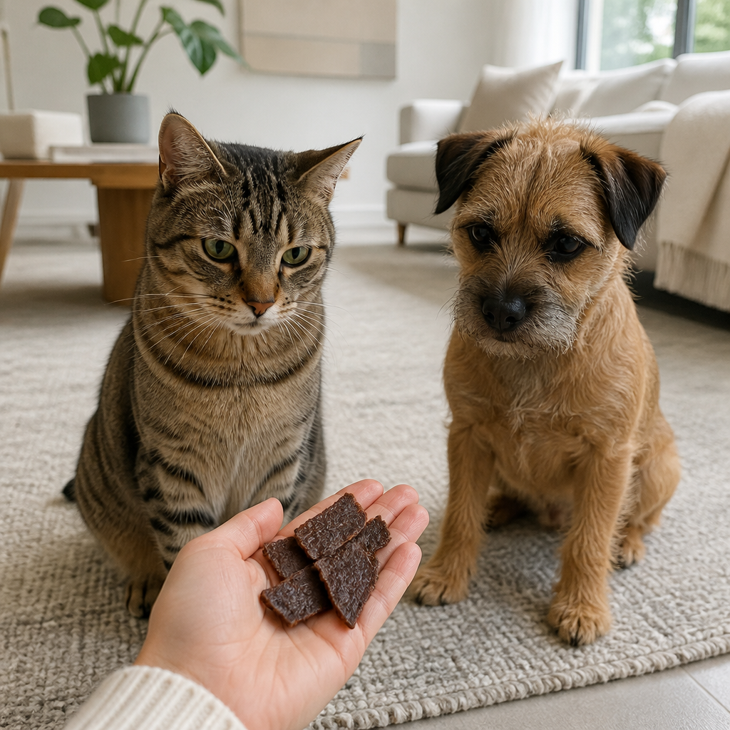 Tabby cat and terrier sitting calmly together while receiving small air-dried treats at home