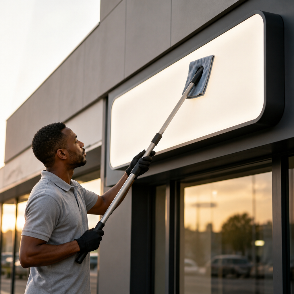 Technician cleaning an illuminated signage fascia on a commercial building in Gauteng as part of signage maintenance South Africa.