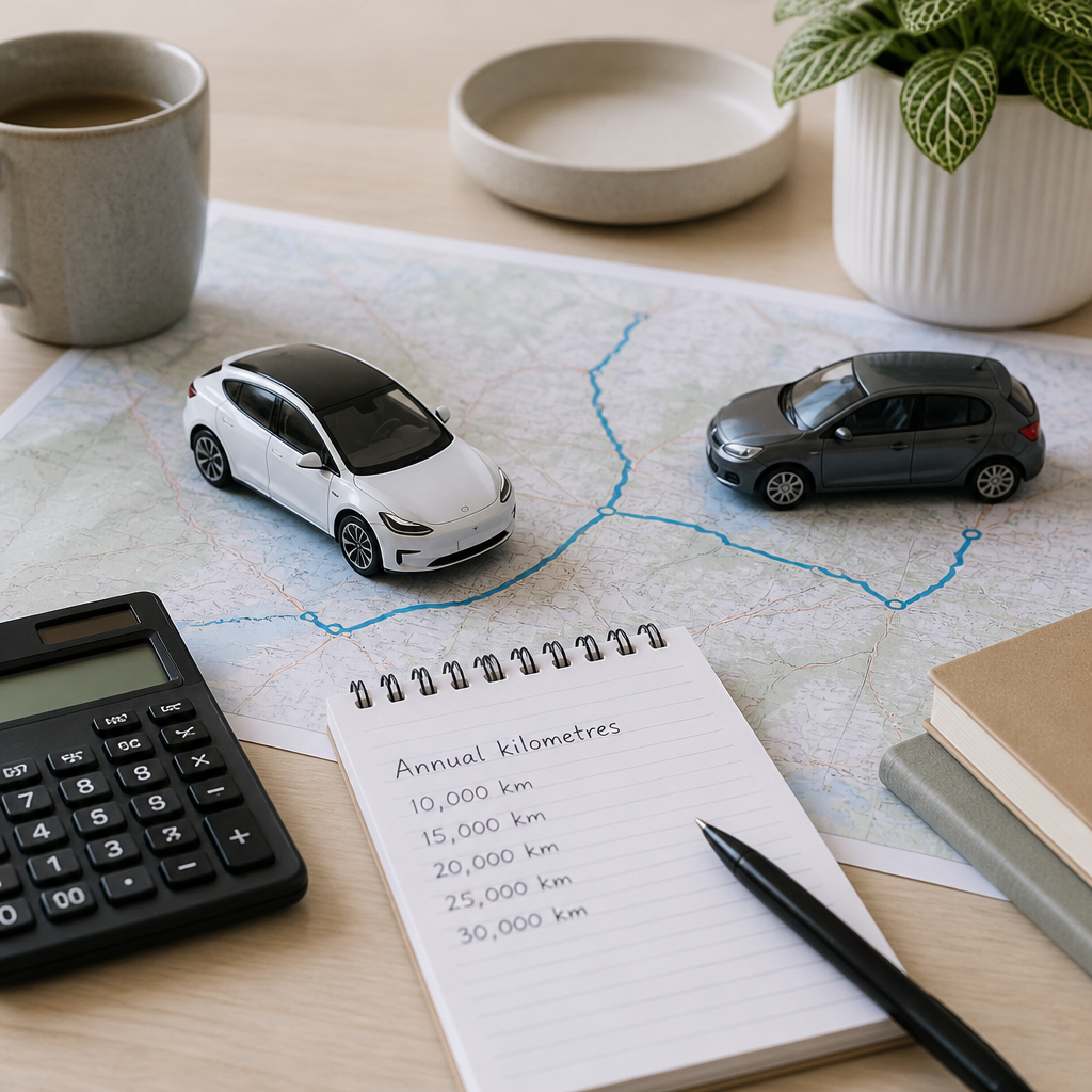 Desk with calculator, notepad of annual kilometres and model cars for an electric car vs diesel cost comparison