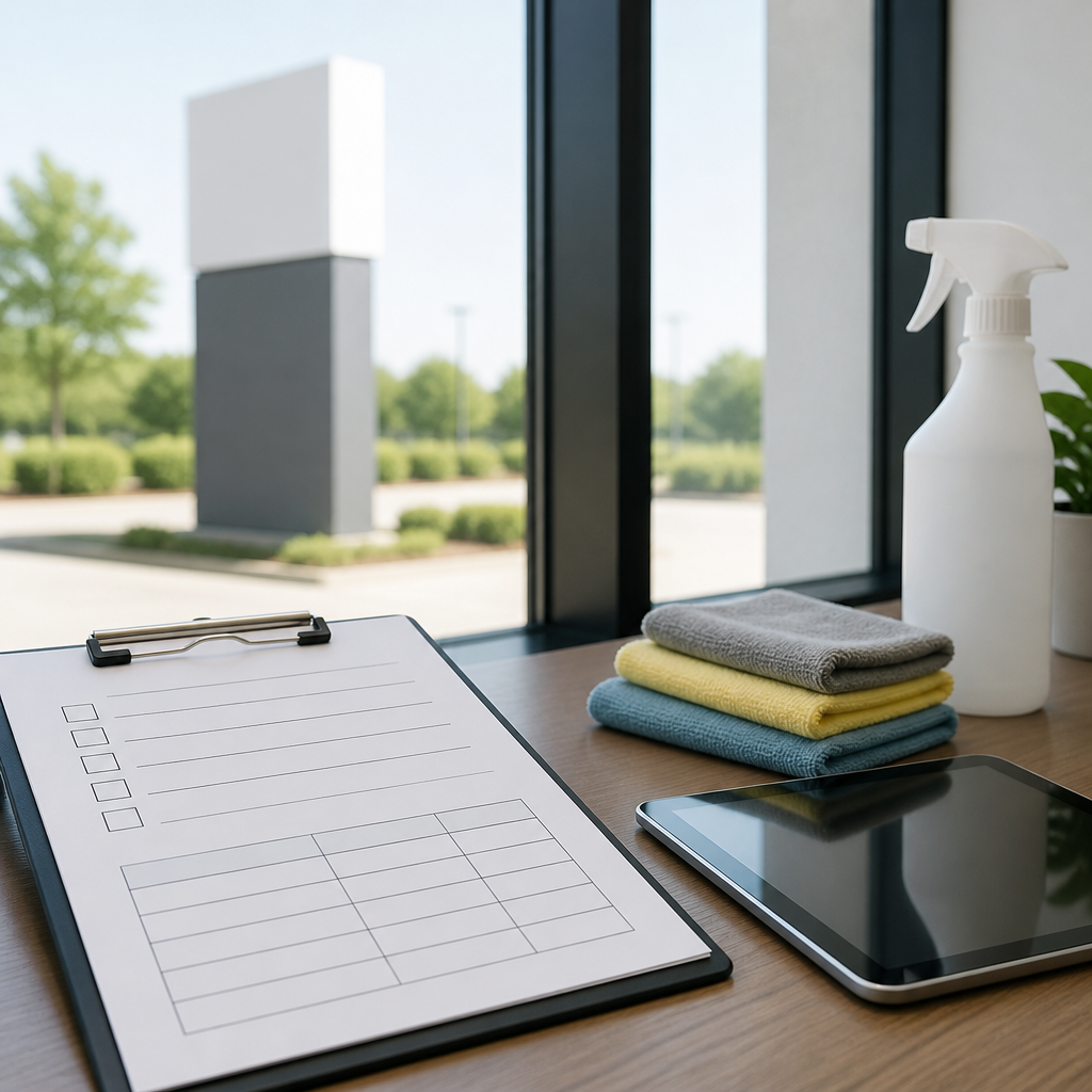 Desk with a printed sign upkeep log, cleaning supplies and a view of an outdoor pylon sign for business sign upkeep.