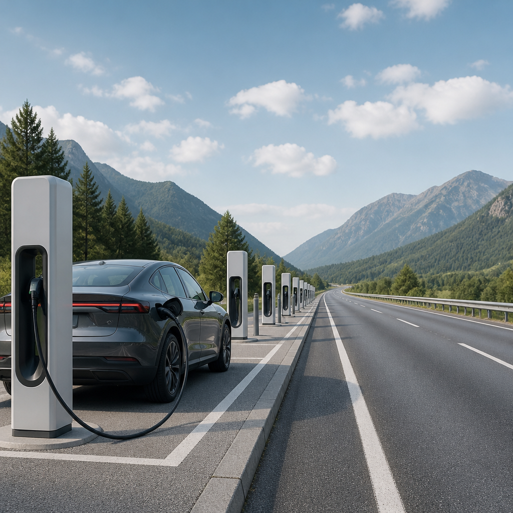 Electric car at a public fast-charging station along a European motorway, illustrating best car for high mileage 2026