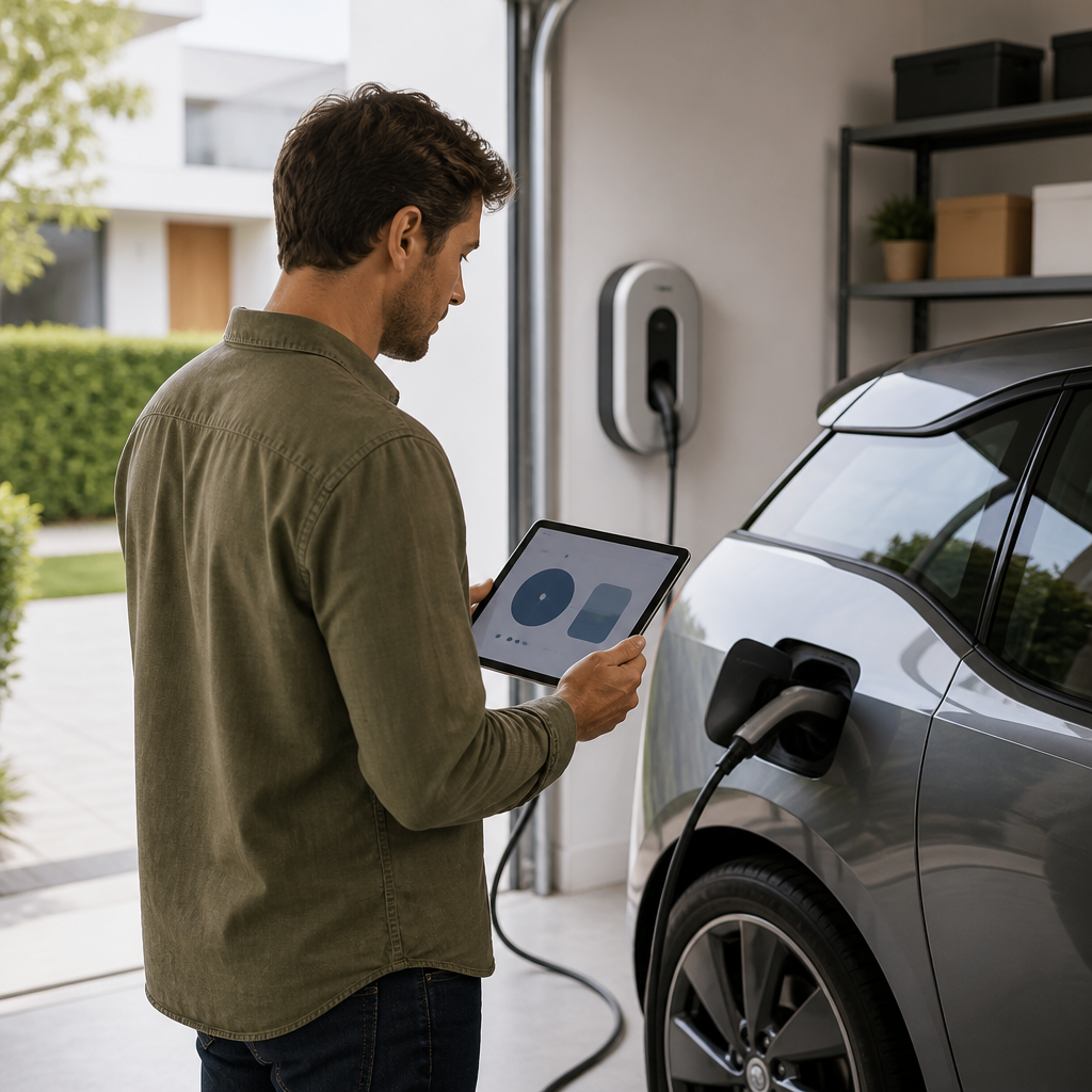 Propietario comprobando la compatibilidad del cargador doméstico con su coche eléctrico en el garaje
