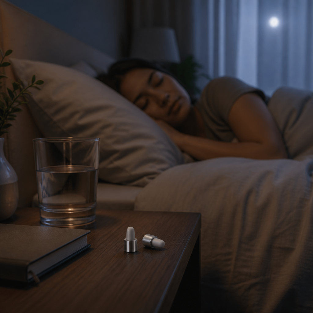 Person resting in a quiet bedroom beside a pair of metal reusable ear plugs on a bedside table at night