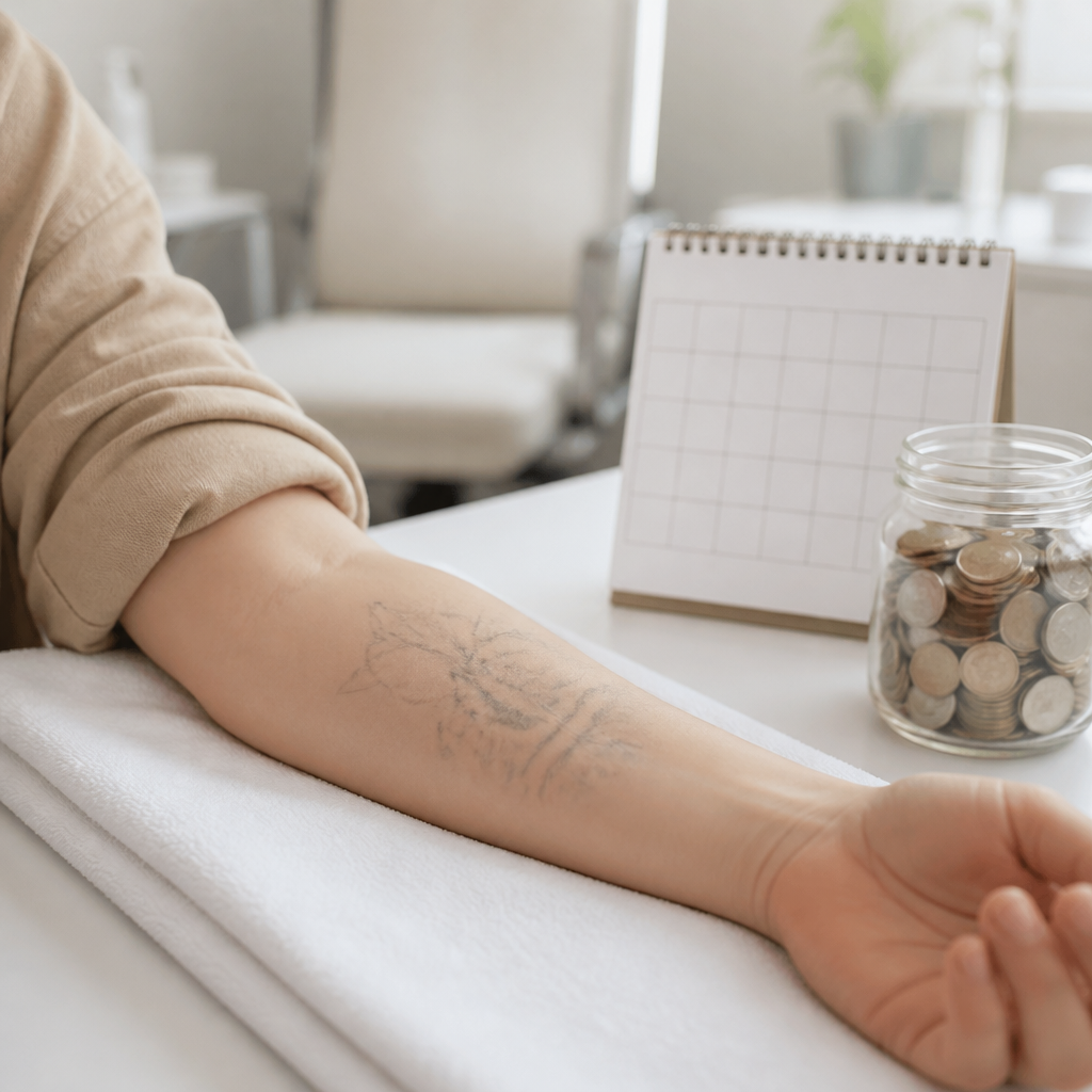 Forearm with a fading tattoo beside a calendar and coin jar, illustrating spreading tattoo removal costs over time