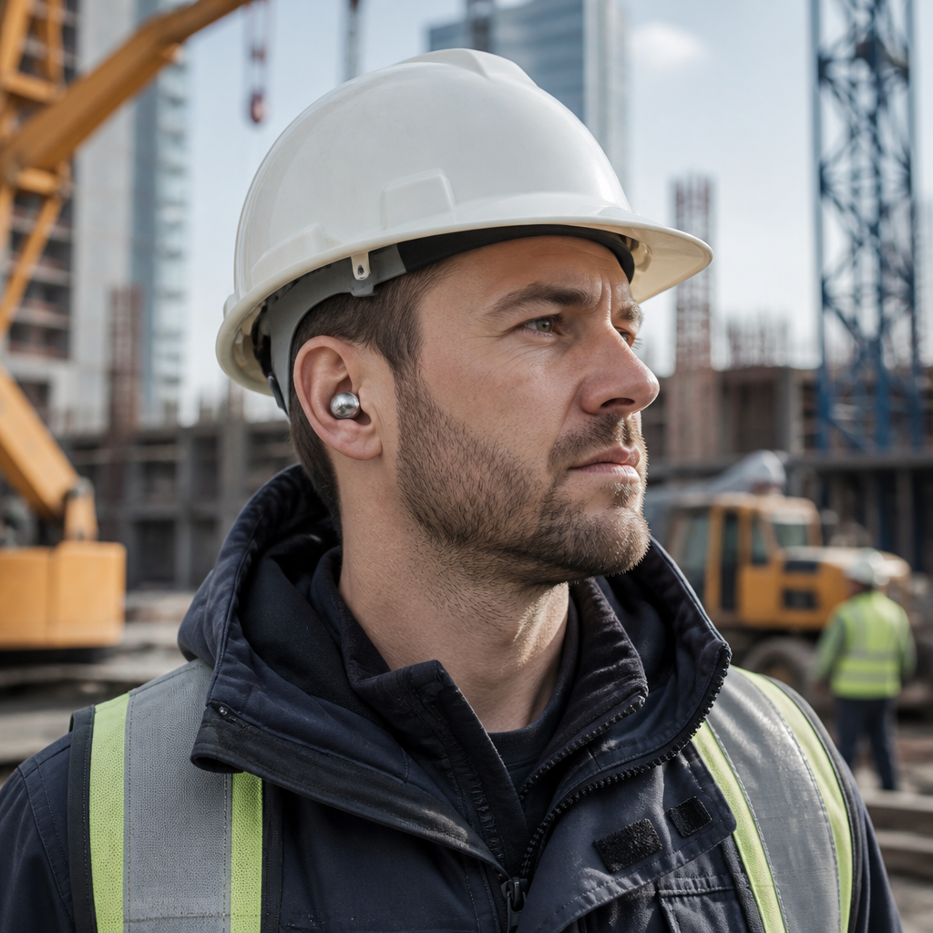 Construction worker wearing reusable ear plugs on a noisy building site to reduce daily noise exposure