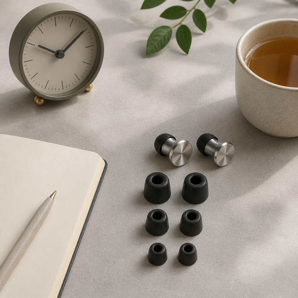 Flat-lay of metal ear plugs with foam tips beside a clock and notebook on a desk for focus and calm