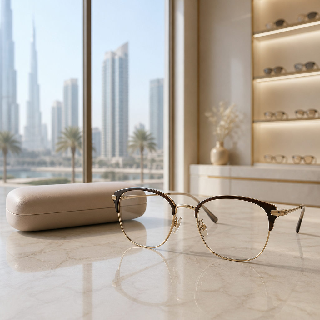 Designer prescription eyeglasses resting on a marble counter in a bright Dubai optical boutique, comparing Miu Miu eyeglasses UAE styles.