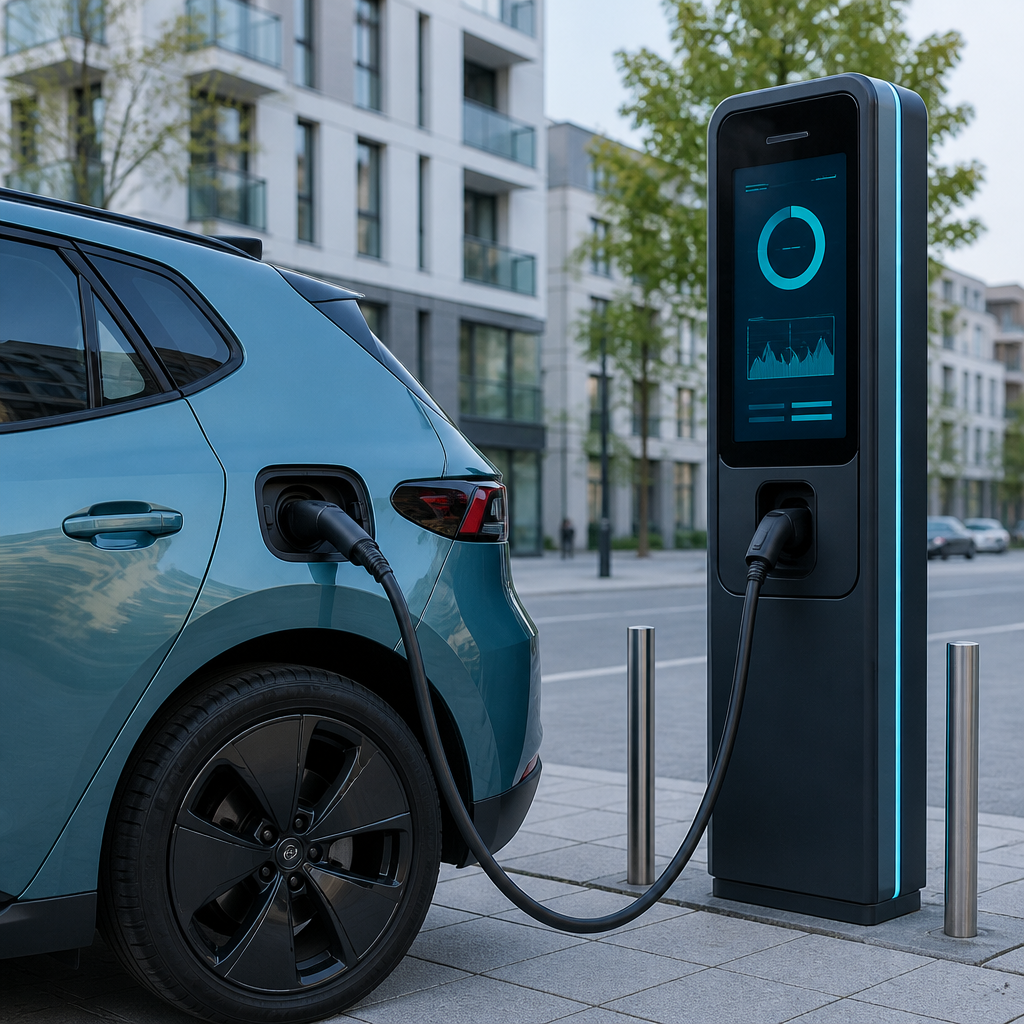 Elektroauto an einer DC-Schnellladesäule in der Stadt, Ladekabel am Fahrzeug angeschlossen