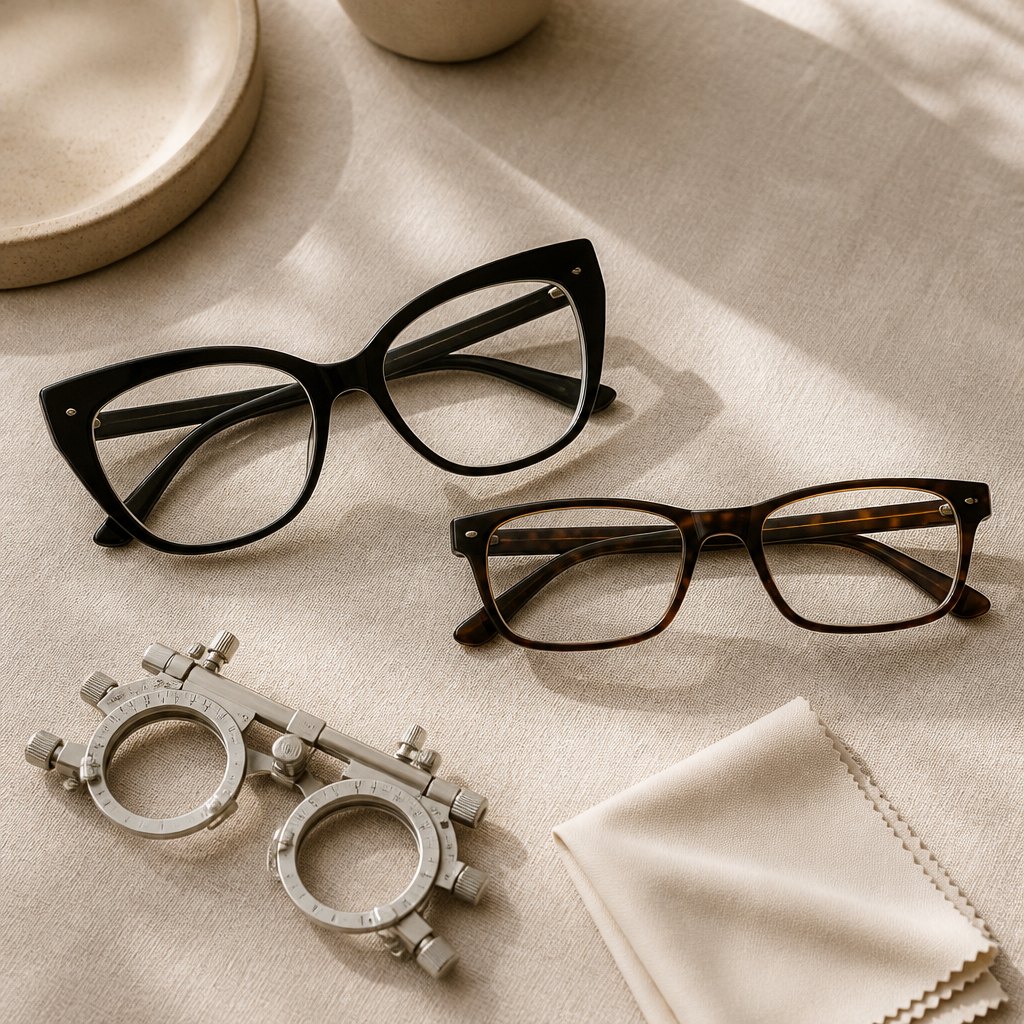 Two prescription eyeglass frames with contrasting cat-eye and slim rectangular shapes laid out on linen for a frame comparison.