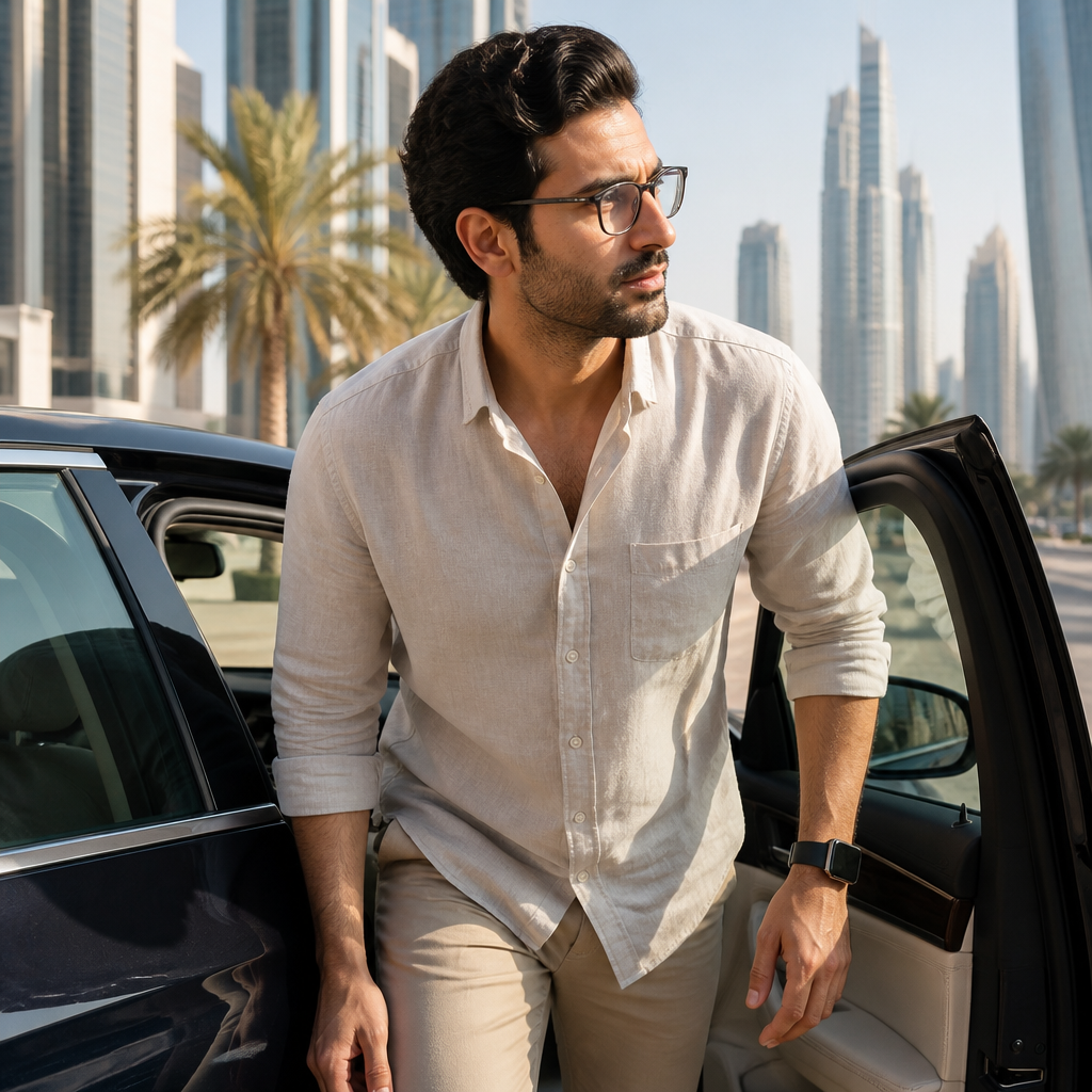 Man in a linen shirt wearing prescription eyeglasses on a sunny Dubai street, illustrating frame comfort in the UAE heat.