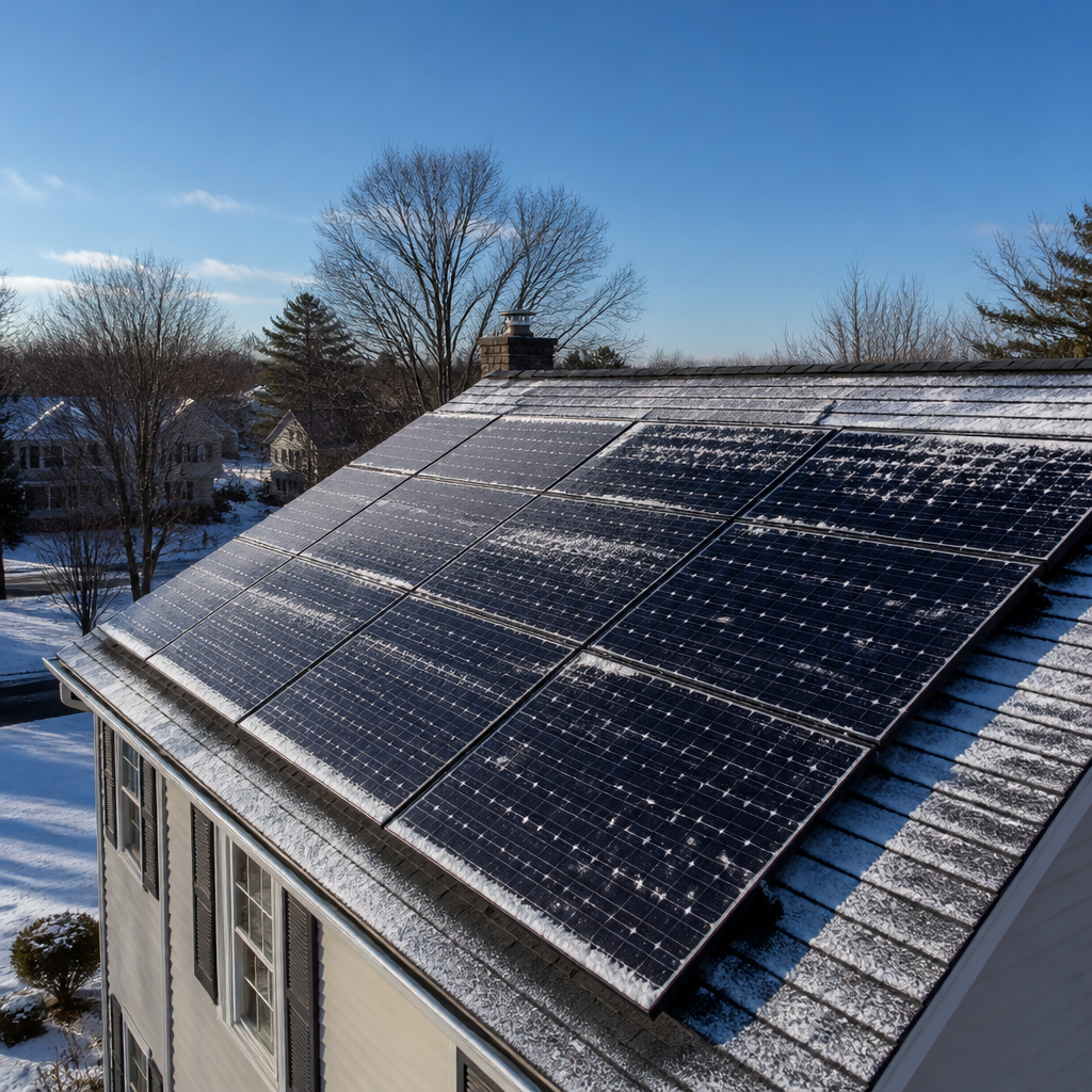 Residential rooftop solar panels in winter with light snow dusting and low sun, illustrating solar panel output winter conditions.