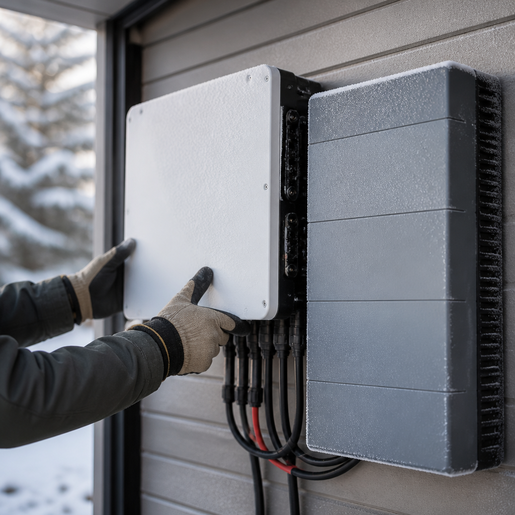 Technician inspecting a solar inverter and battery storage unit on a garage wall during cold winter weather.
