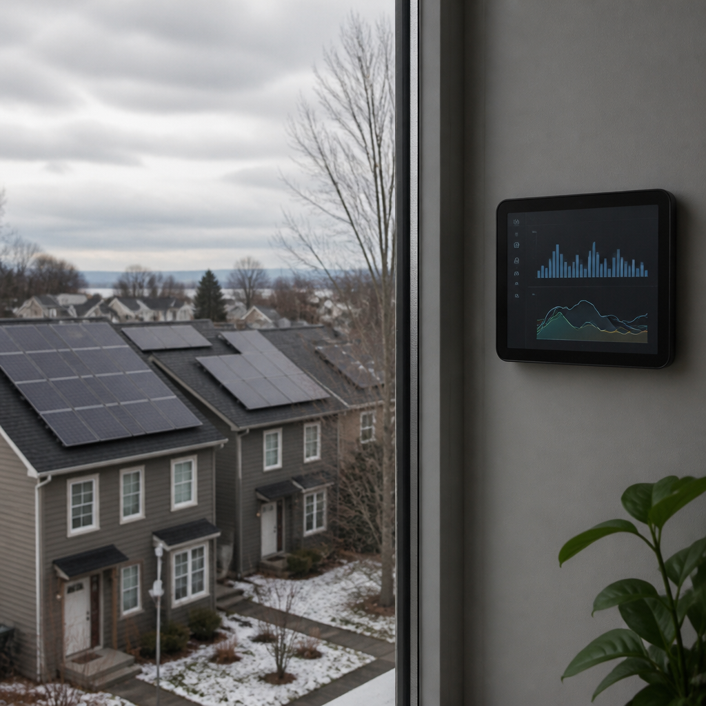 Suburban homes with rooftop solar panels under overcast winter skies, showing reduced daylight conditions.