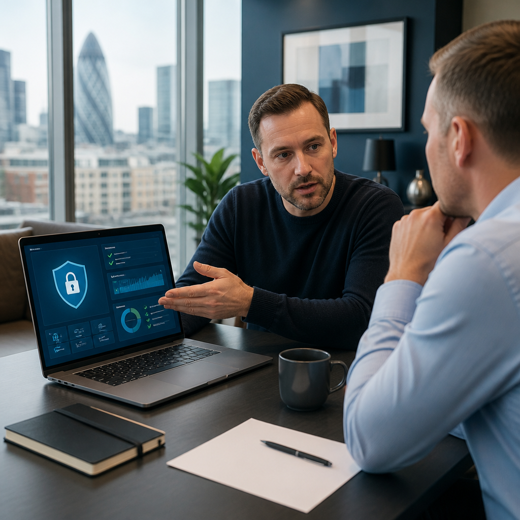 Business owner and IT consultant reviewing a cyber security controls checklist on a laptop in a London office.