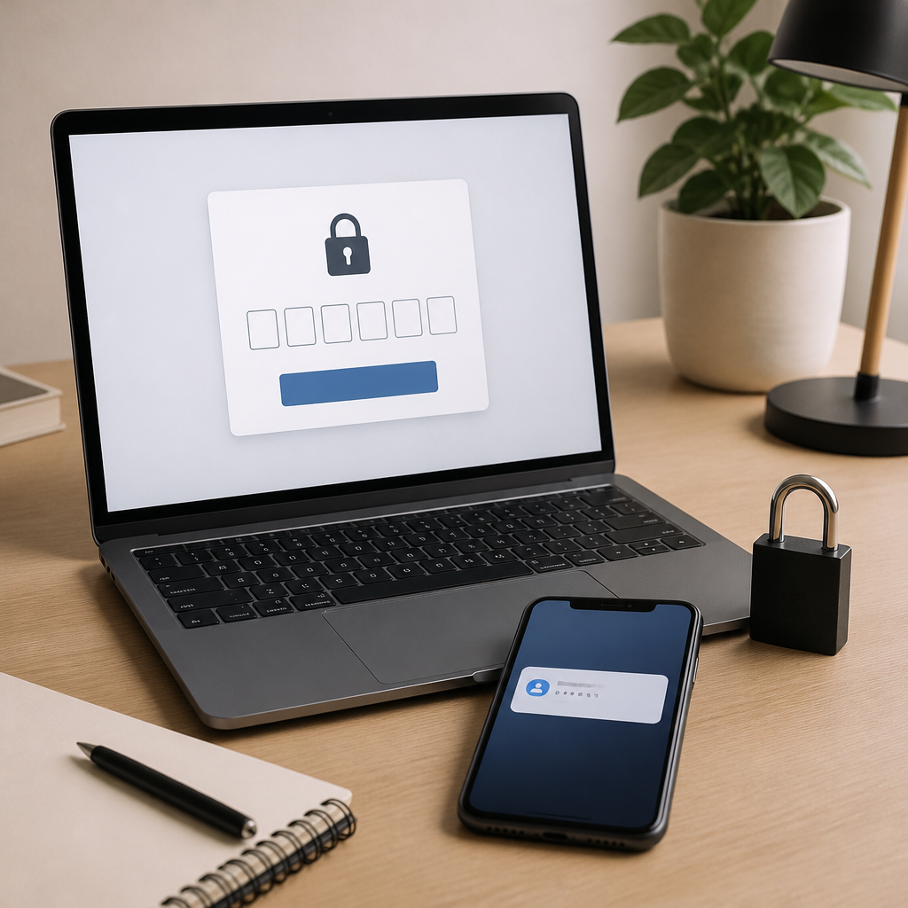Laptop login screen and smartphone showing a one-time verification code prompt on a clean office desk.