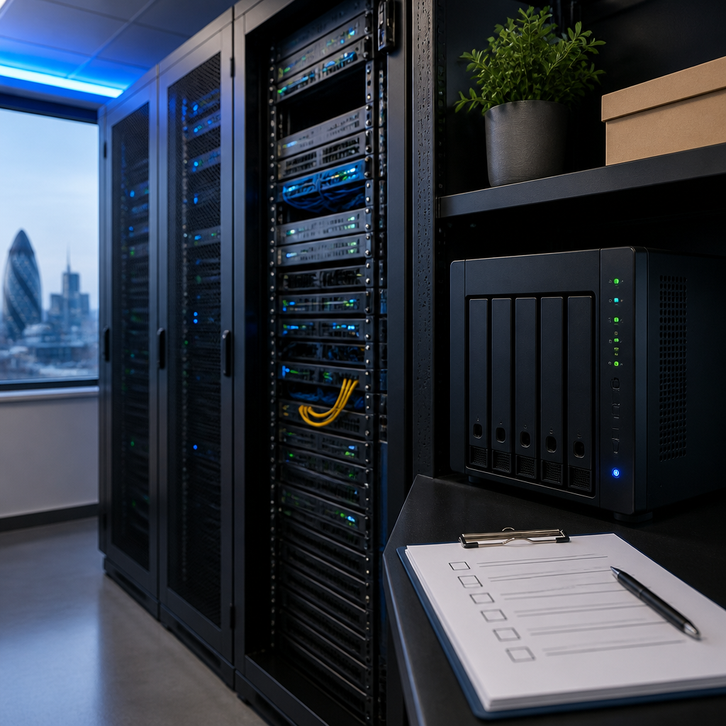 Backup storage unit and network racks in a tidy server corner beside a printed compliance checklist.