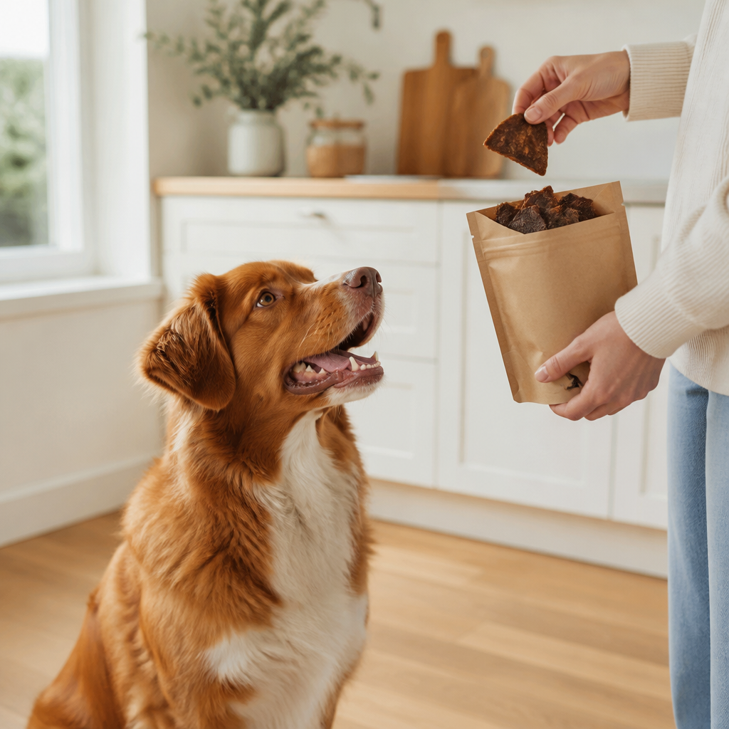 Dog sitting hopefully while its owner holds an open pouch of plain air-dried meat dog treat chips in a bright kitchen.