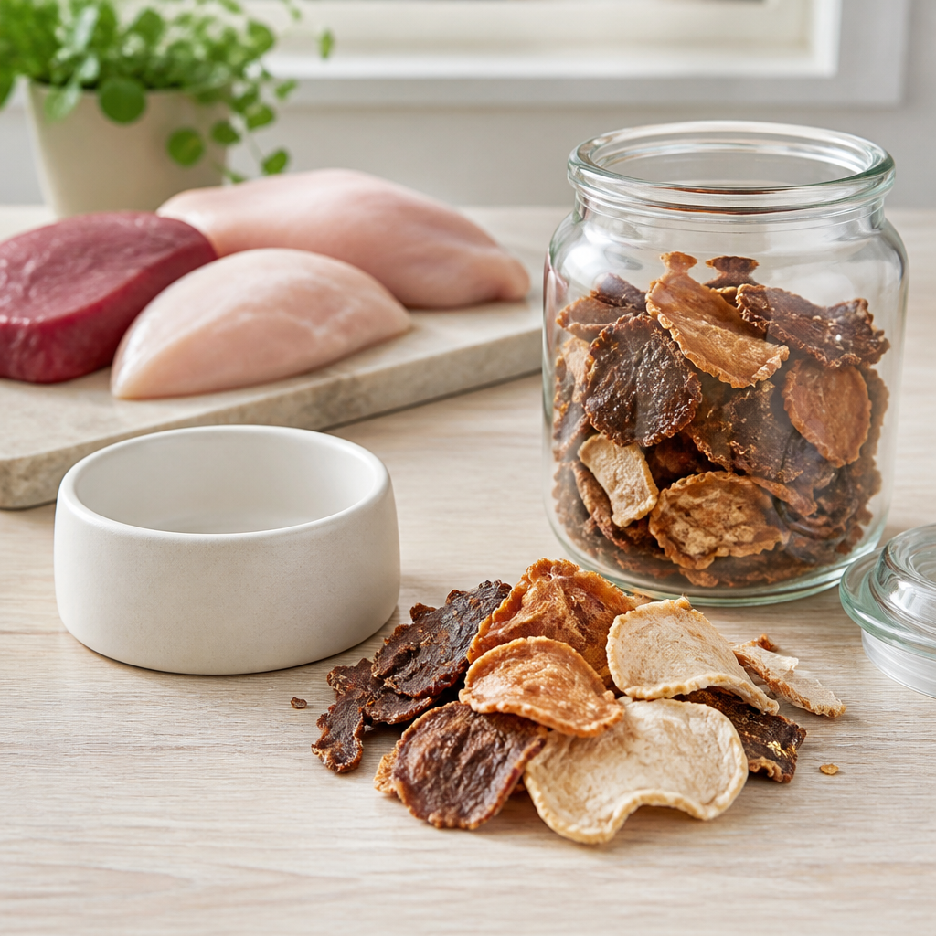 Flat-lay of plain air-dried meat dog treat chips on a wooden counter beside a glass jar and a bowl.