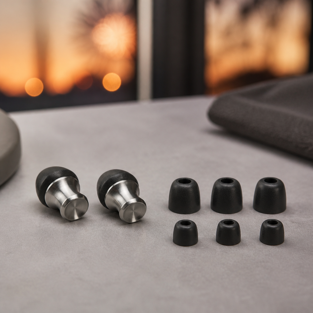 Metal-bodied reusable ear plugs with soft foam tips in three sizes laid out for Guy Fawkes Night ear plugs guide