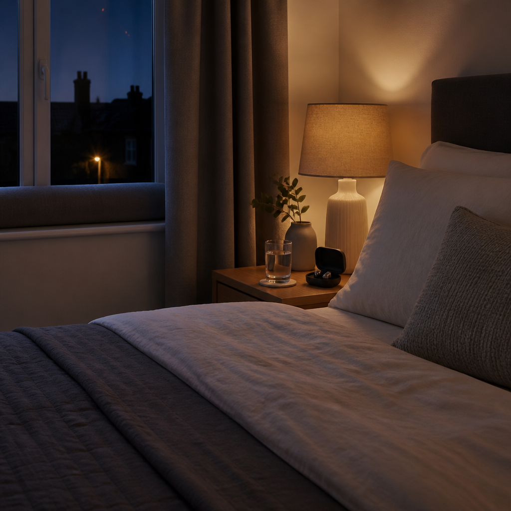 Quiet bedroom with heavy curtains and bedside ear plugs, prepared for fireworks noise sleep