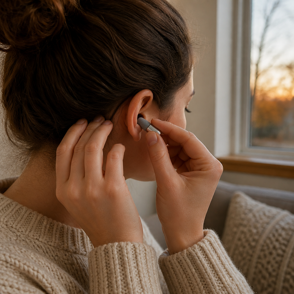 Hands fitting a foam-tipped ear plug, showing how to fit a light sleeper ear plug before bonfire night