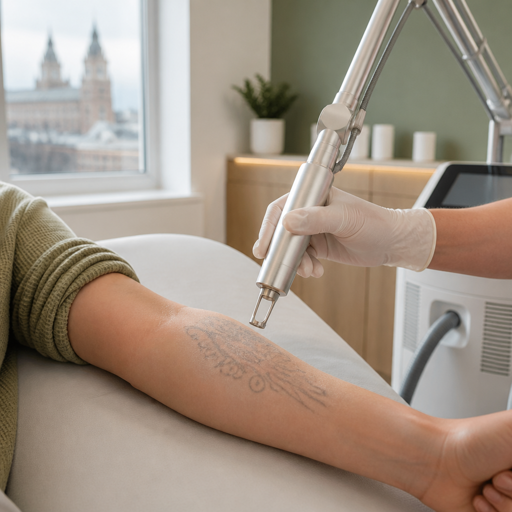 Laser tattoo removal device positioned over a faded tattoo on a forearm in a bright Liverpool treatment room.