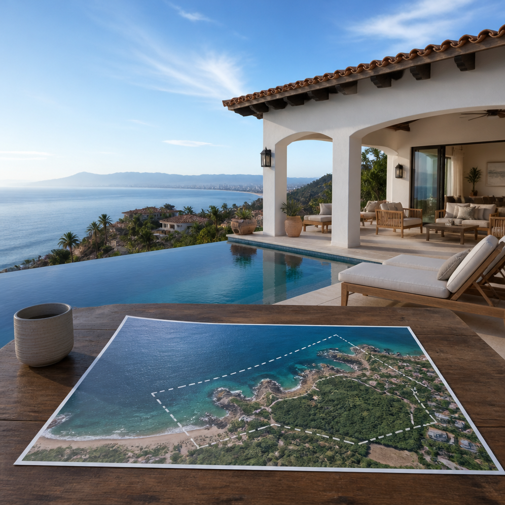 Luxury coastal villa in Puerto Vallarta beside a printed map showing the coastline, illustrating restricted zone Mexico property planning.