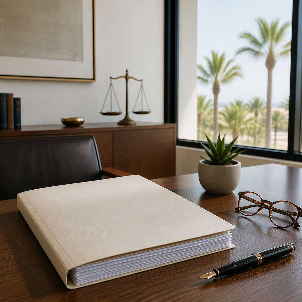 Desk with a plain document folder, pen and reading glasses representing the fideicomiso process for foreign buyers in Mexico.