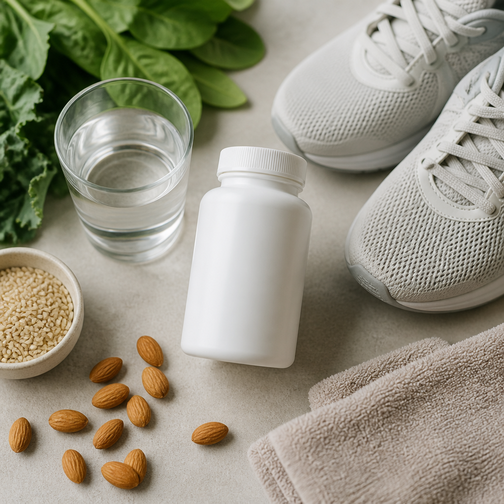 Manganese supplement bottle beside running trainers, water glass and nuts on a stone surface, representing athlete nutrition.