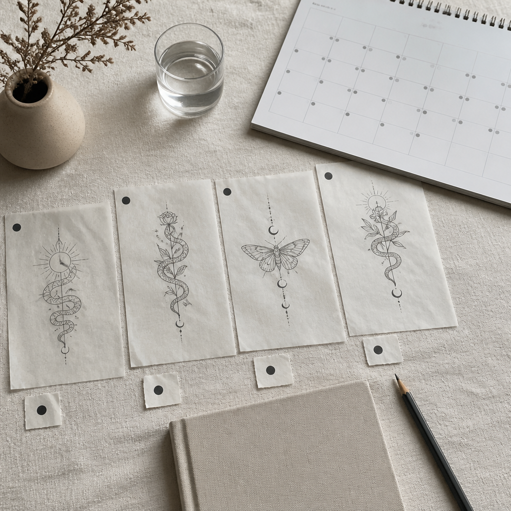Planning sheets with tattoo sketches and a spaced calendar laid out to sequence multiple tattoo removal sessions.