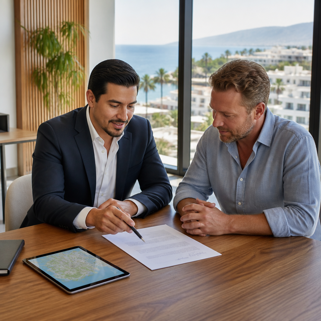 Attorney and foreign buyer reviewing a real estate contract together before signing a property purchase in Mexico.