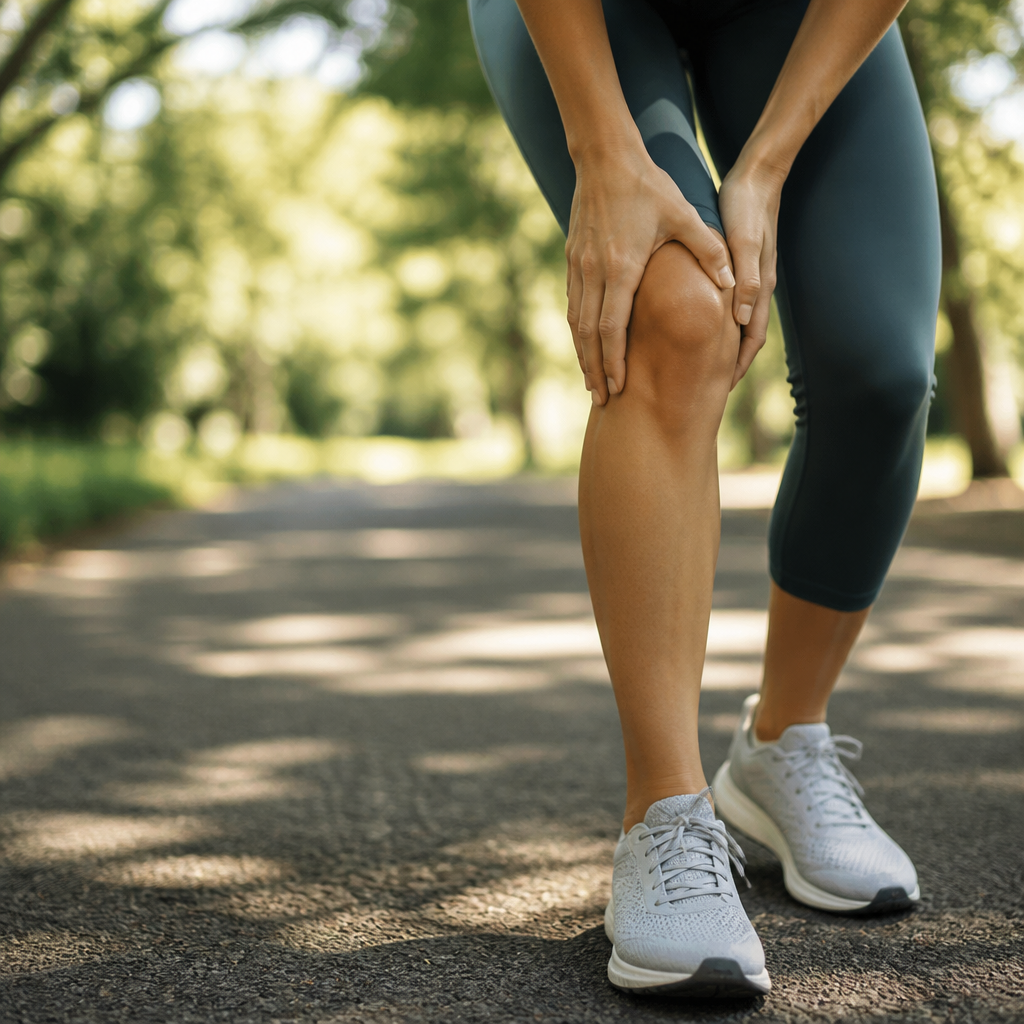 Runner on a park path with focus on the lower leg and trainers, illustrating joint health for athletes in the UK.