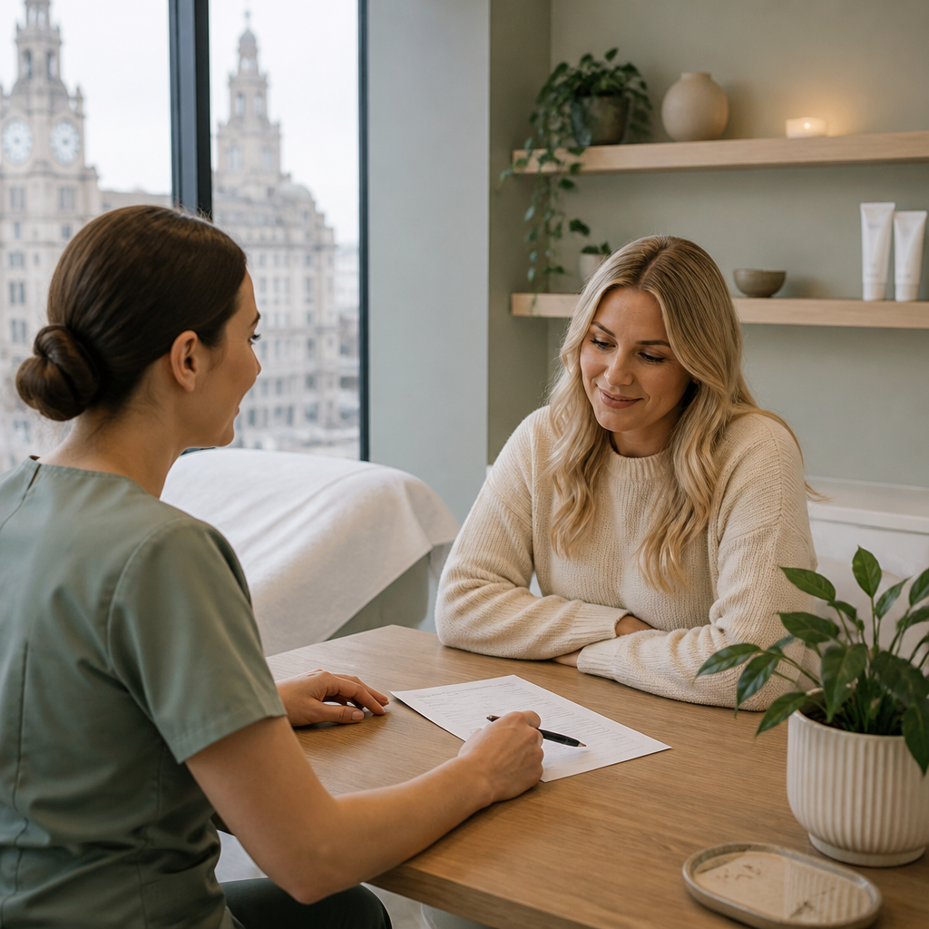 Clinician and client reviewing a multi-session tattoo removal plan together at a consultation table.