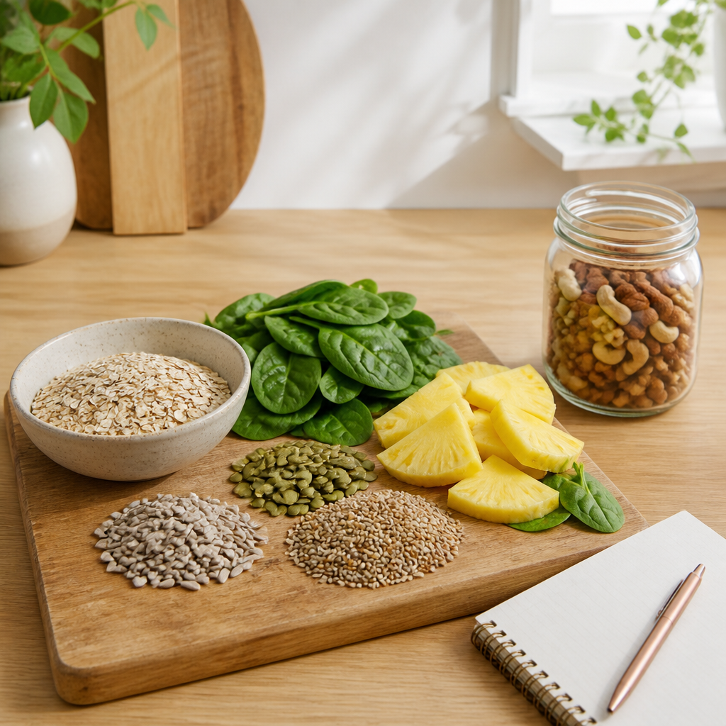 Wholegrains, seeds, spinach and oats on a kitchen counter, showing food sources of trace minerals in a balanced diet.