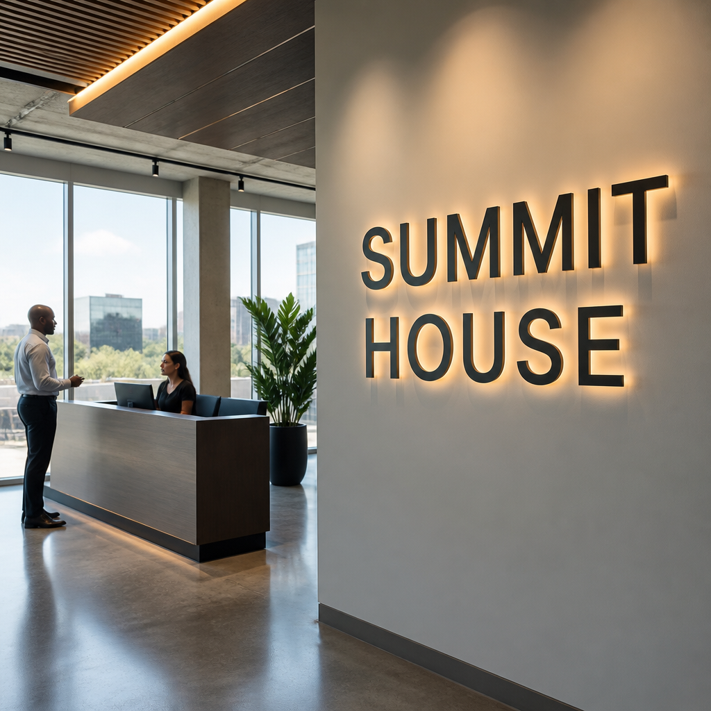 Illuminated lobby sign on a clean wall above a modern reception desk in a South African office lobby.