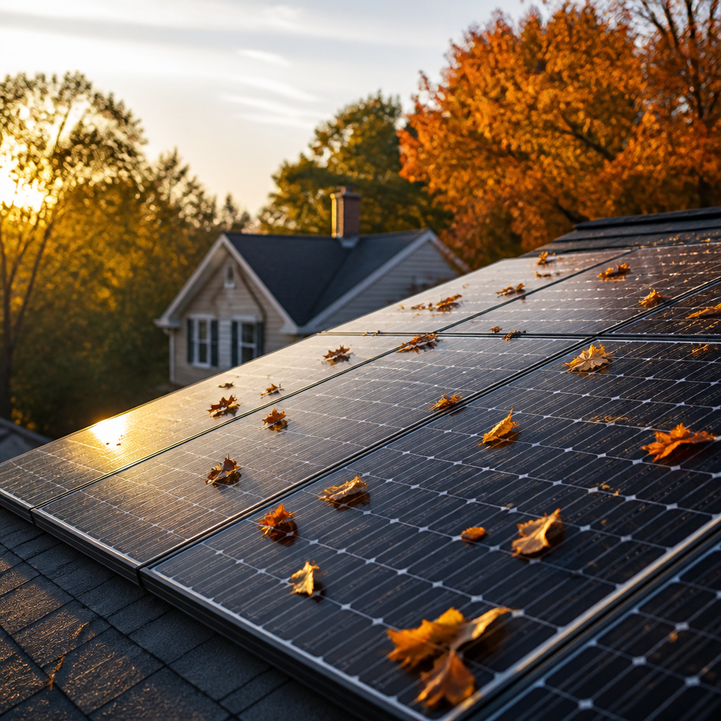 Fallen autumn leaves scattered across a residential rooftop solar panel array in the Mid-Atlantic