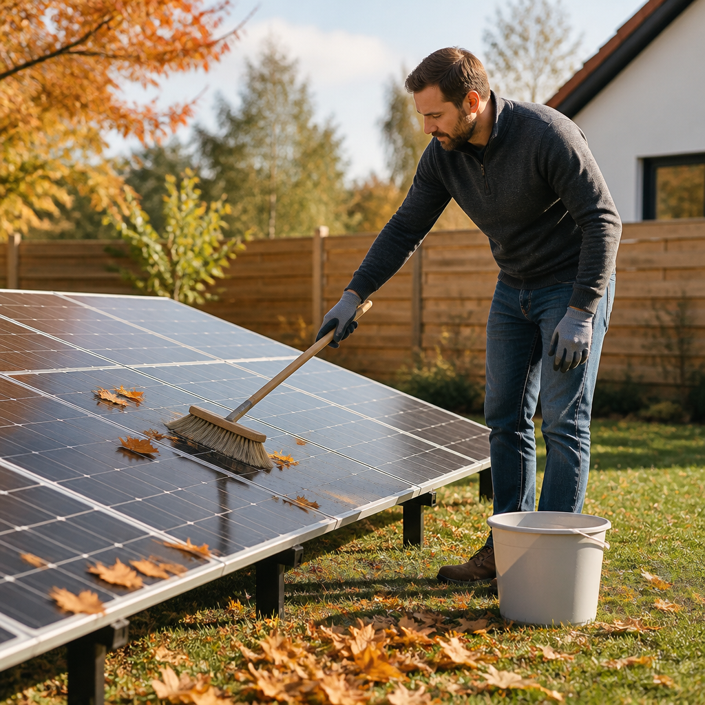 Homeowner in gloves brushing leaves from a ground-mounted solar array in a backyard