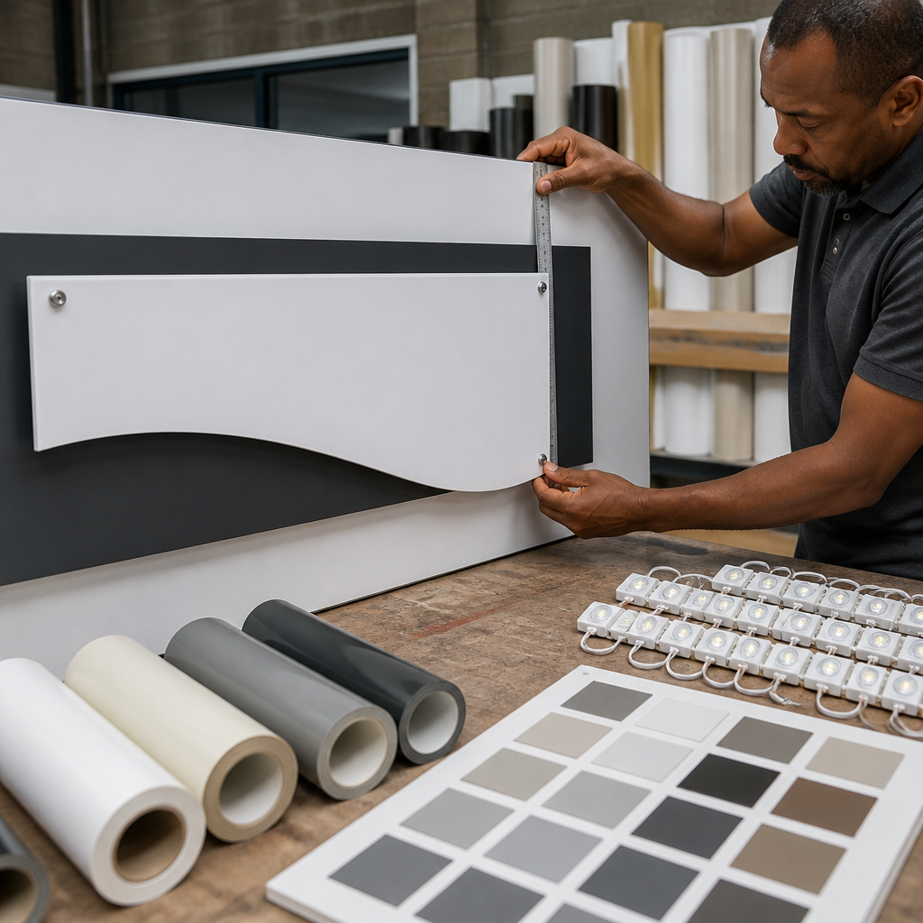 Technician mounting a dimensional acrylic reception sign panel on a workbench beside color swatches.