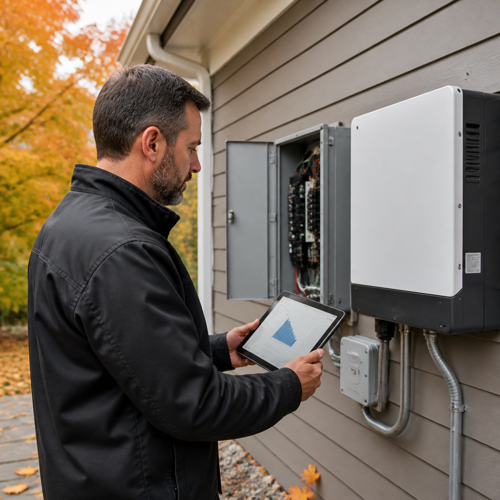 Electrician checking an outdoor solar inverter and electrical panel on a house wall in autumn