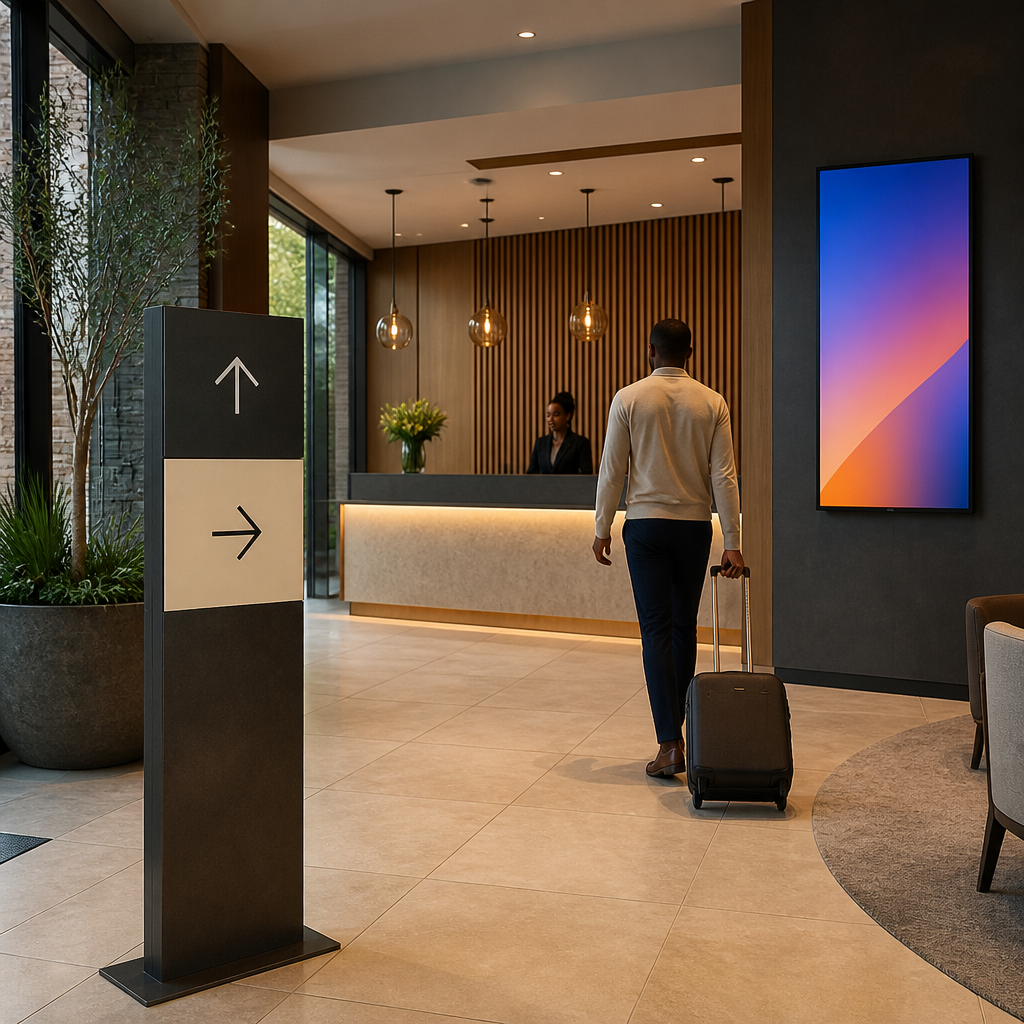 Hotel lobby with a directional wayfinding sign and a digital display screen beside the reception counter.
