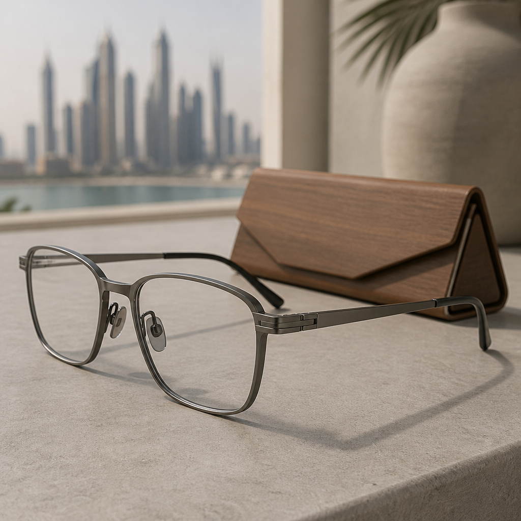 Titanium Porsche Design eyeglasses frame in matte graphite on a stone surface, showing hinge and temple detail