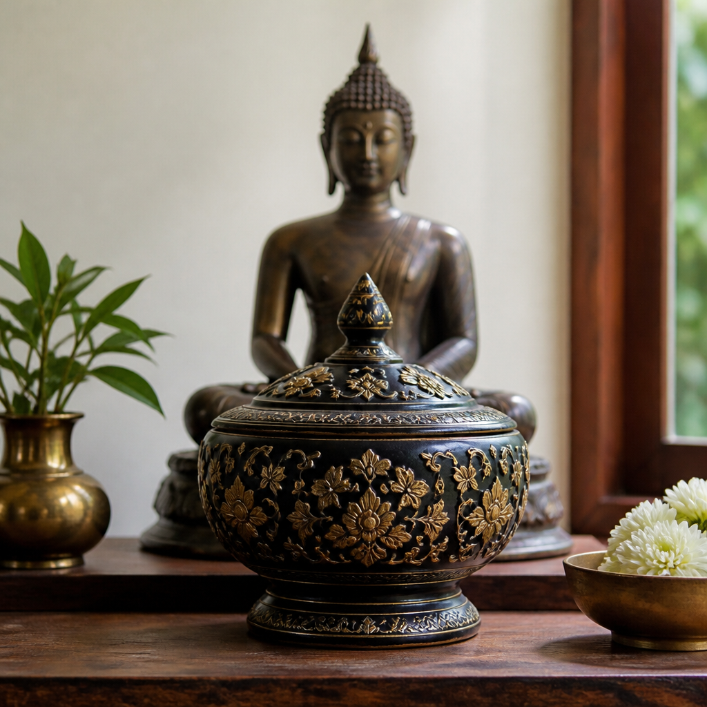 Dark glossy Burmese lacquerware offering vessel with gold floral relief on a home altar beside a Buddha statue.