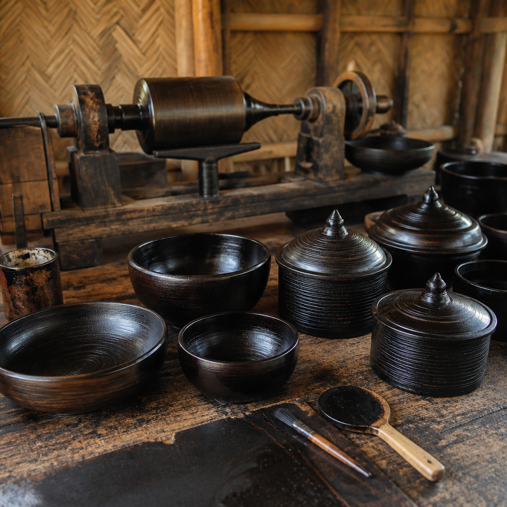 Craftsperson's workbench with layered lacquer bowls and brushes used to make Burmese lacquerware vessels.