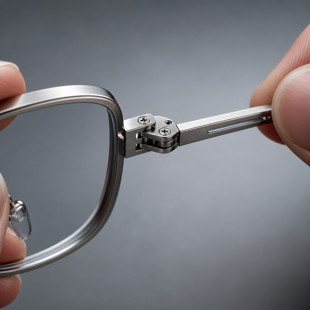 Close-up of a stainless steel eyeglass frame hinge showing precision screws and machined detail