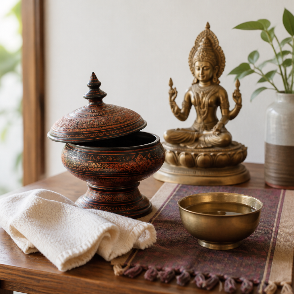 Lacquer offering vessel with a soft cloth and brass bowl arranged on a tidy home altar for care and display.
