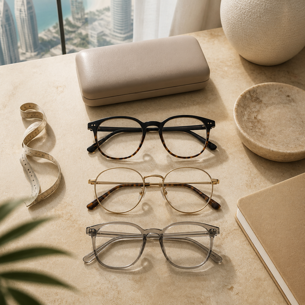 Flat-lay of three optical eyeglass frames compared side by side on a warm sand-toned surface